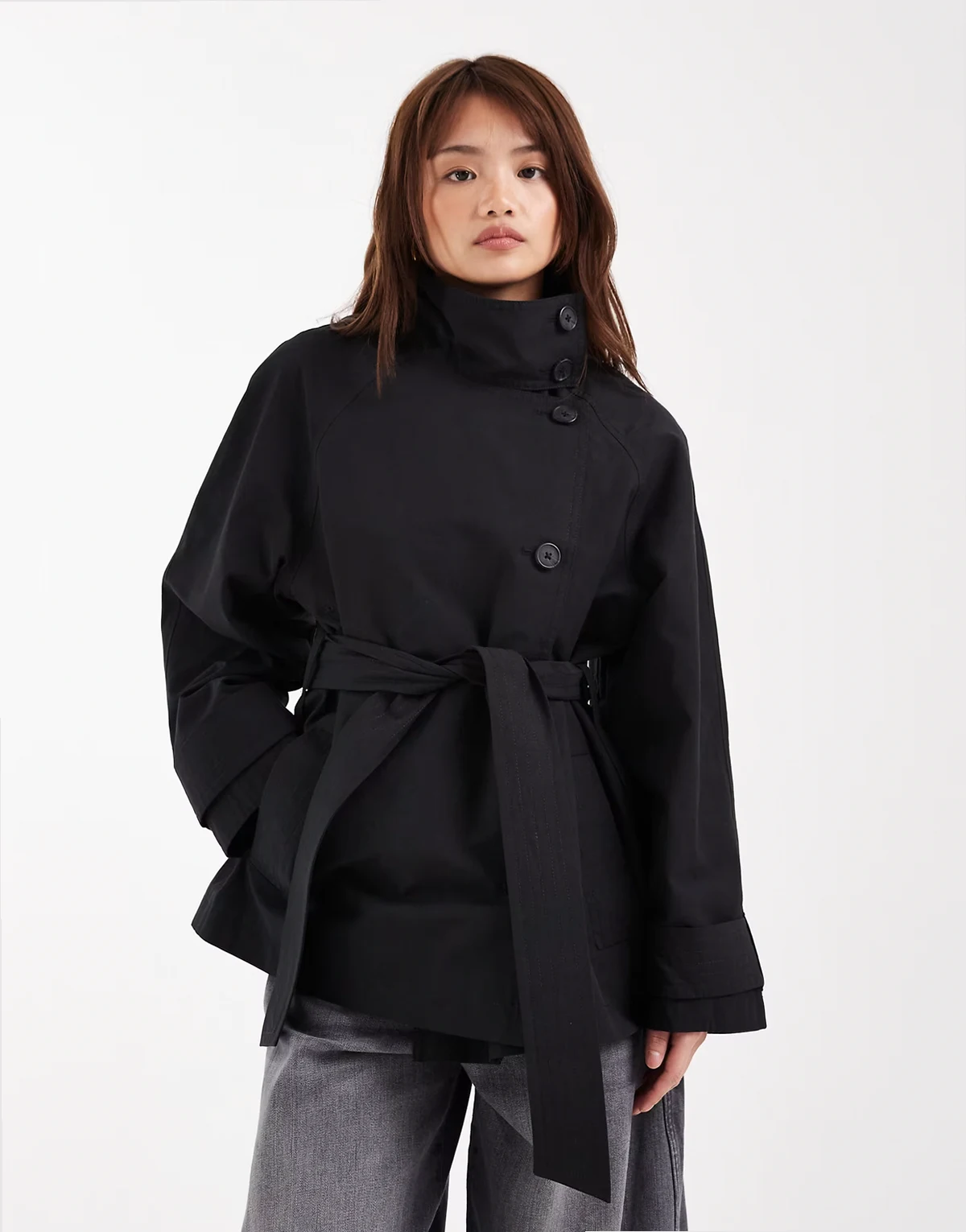 ASOS DESIGN Petite funnel neck tie belt trench coat in black