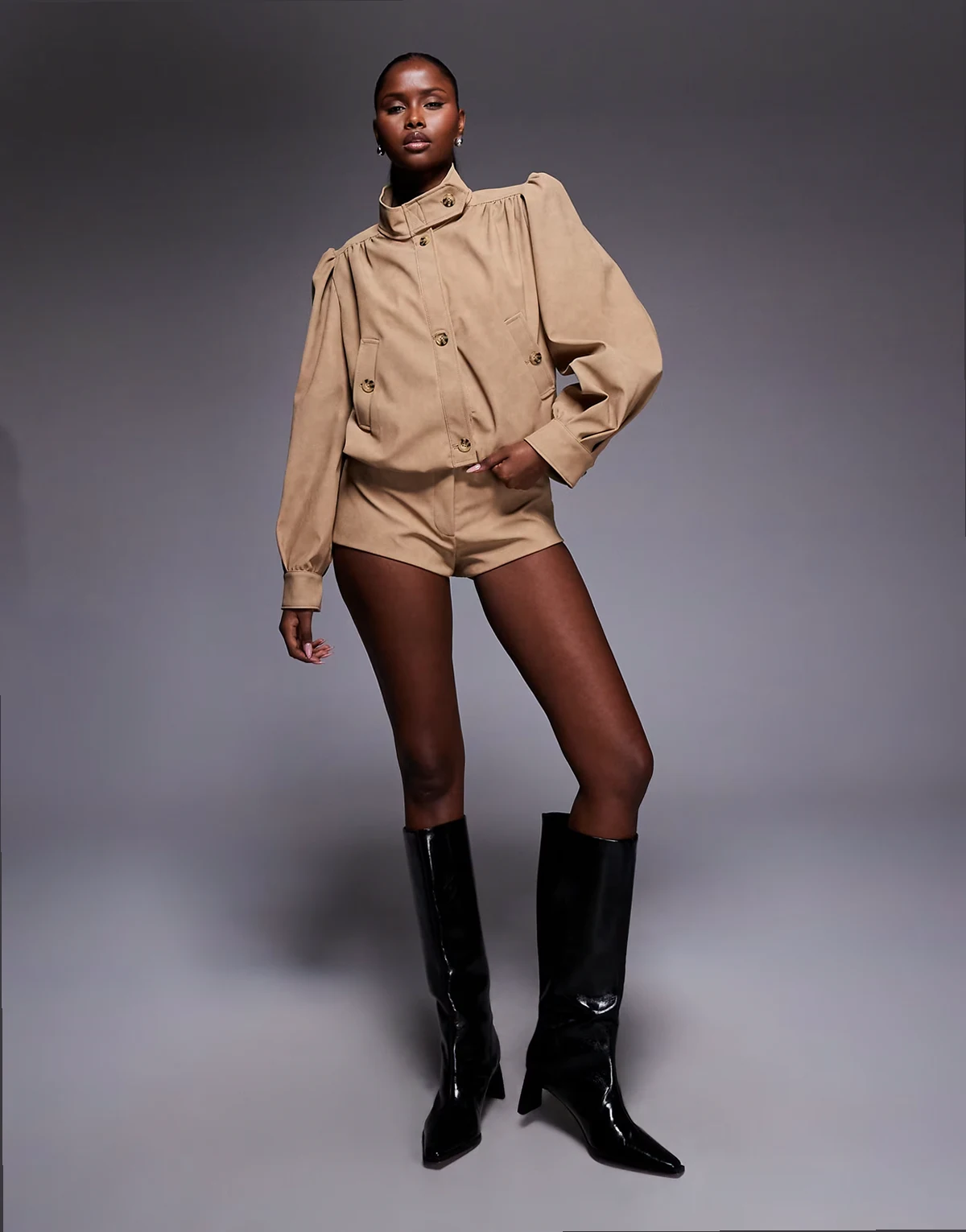 faux suede high neck balloon sleeve jacket in soft beige - part of a set