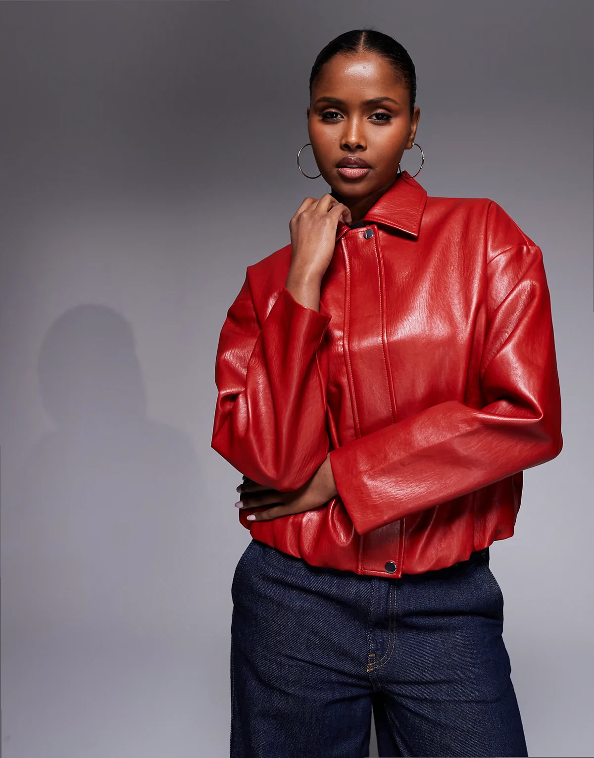 faux leather collared bomber jacket in red