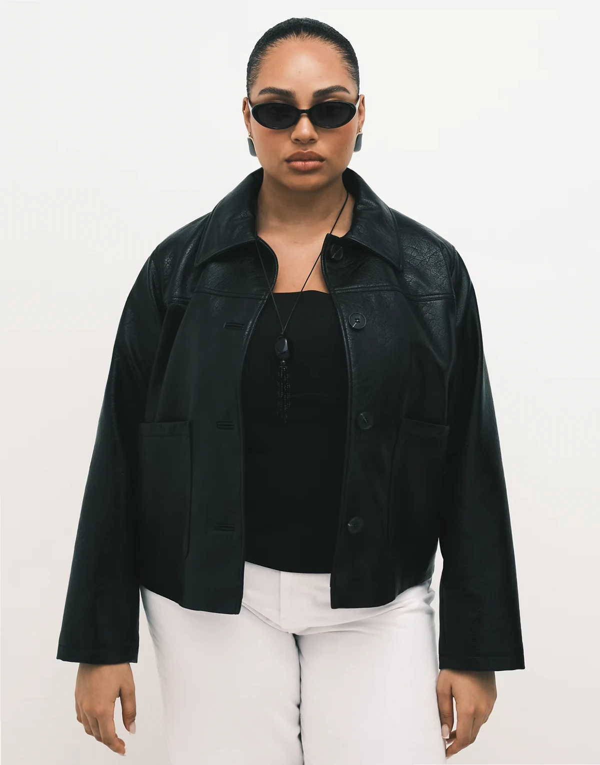 ASOS DESIGN Curve leather look Harrington jacket in black