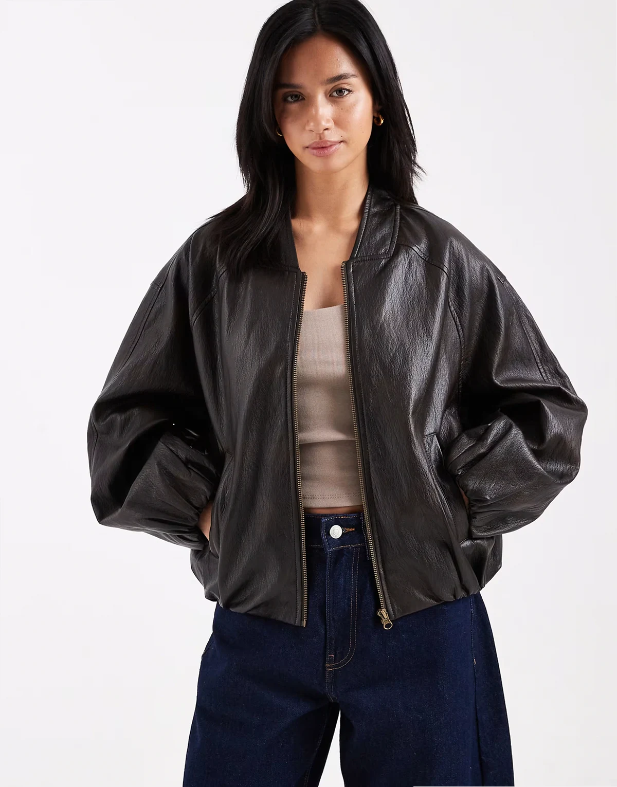 ASOS DESIGN Petite washed leather look oversized bomber jacket in brown