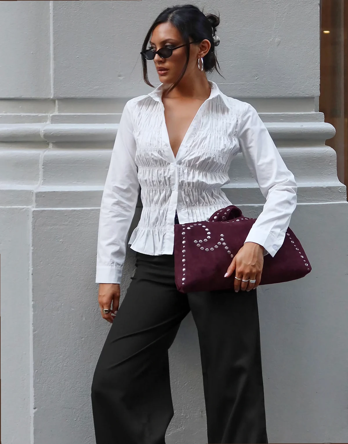 Cultivate cotton rich 90s shirred bodice long sleeve shirt in white