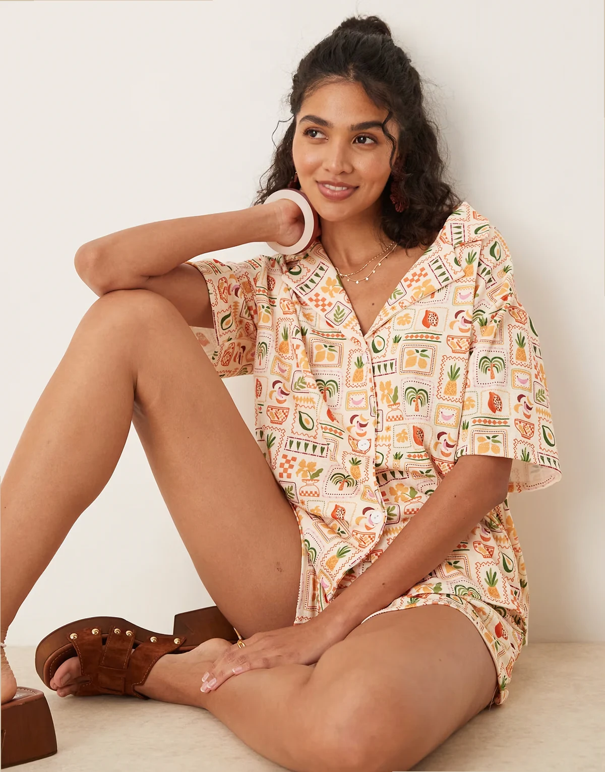 camp collar shirt in palm tree vacation print - part of a set