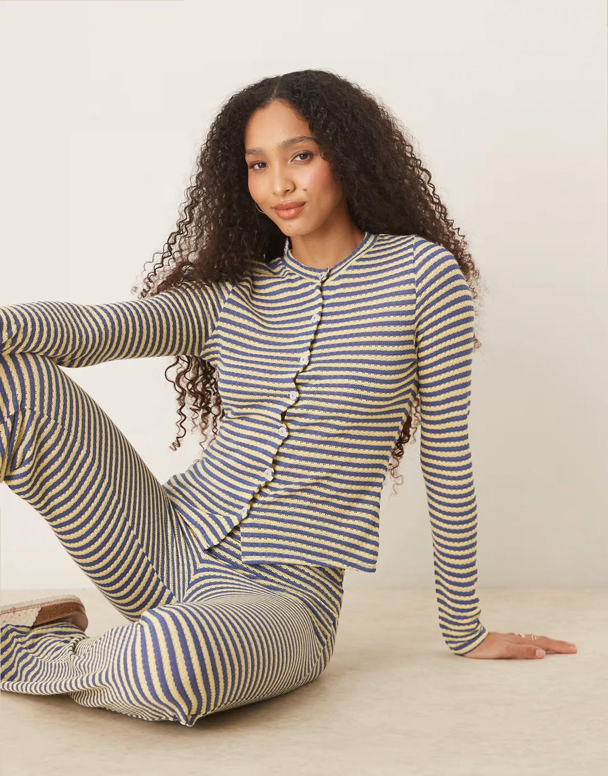 knit cardigan in blue and yellow stripe