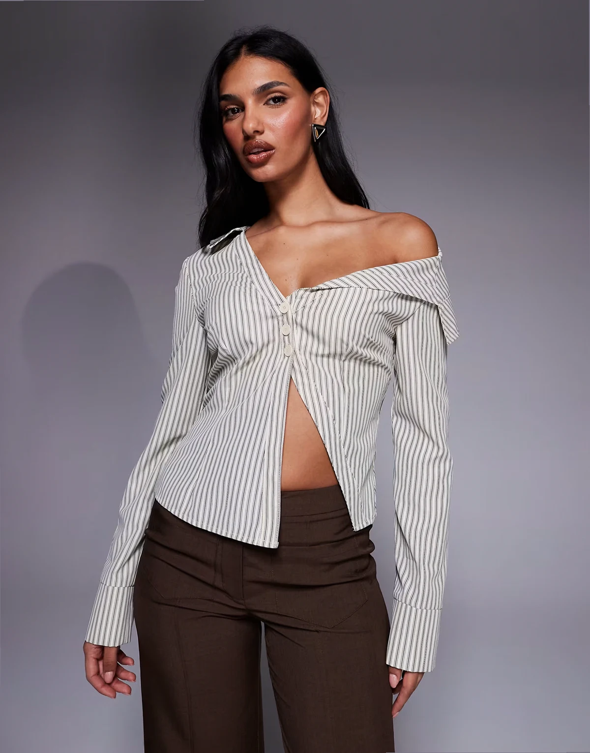 exclusive asymmetric detailing split front flare sleeve shirt in beige stripes - part of a set