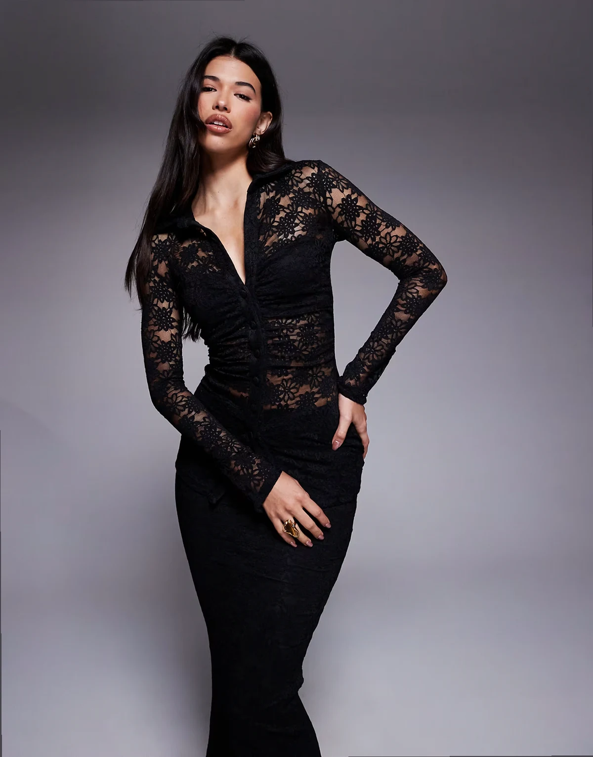 Lacie plunge neck long sleeve lace shirt in black - part of a set
