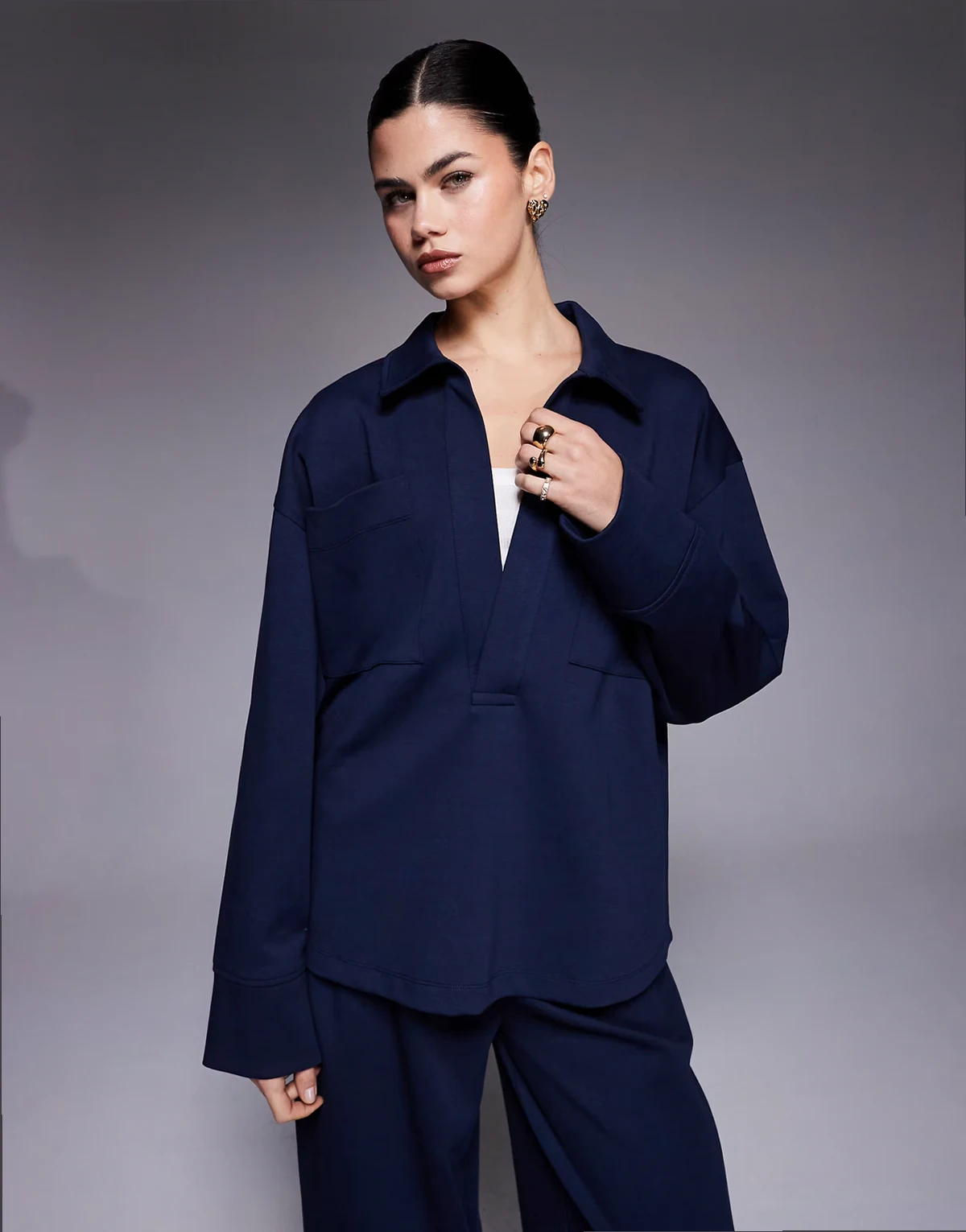 oversized interlock shirt with pocket detail in navy - part of a set