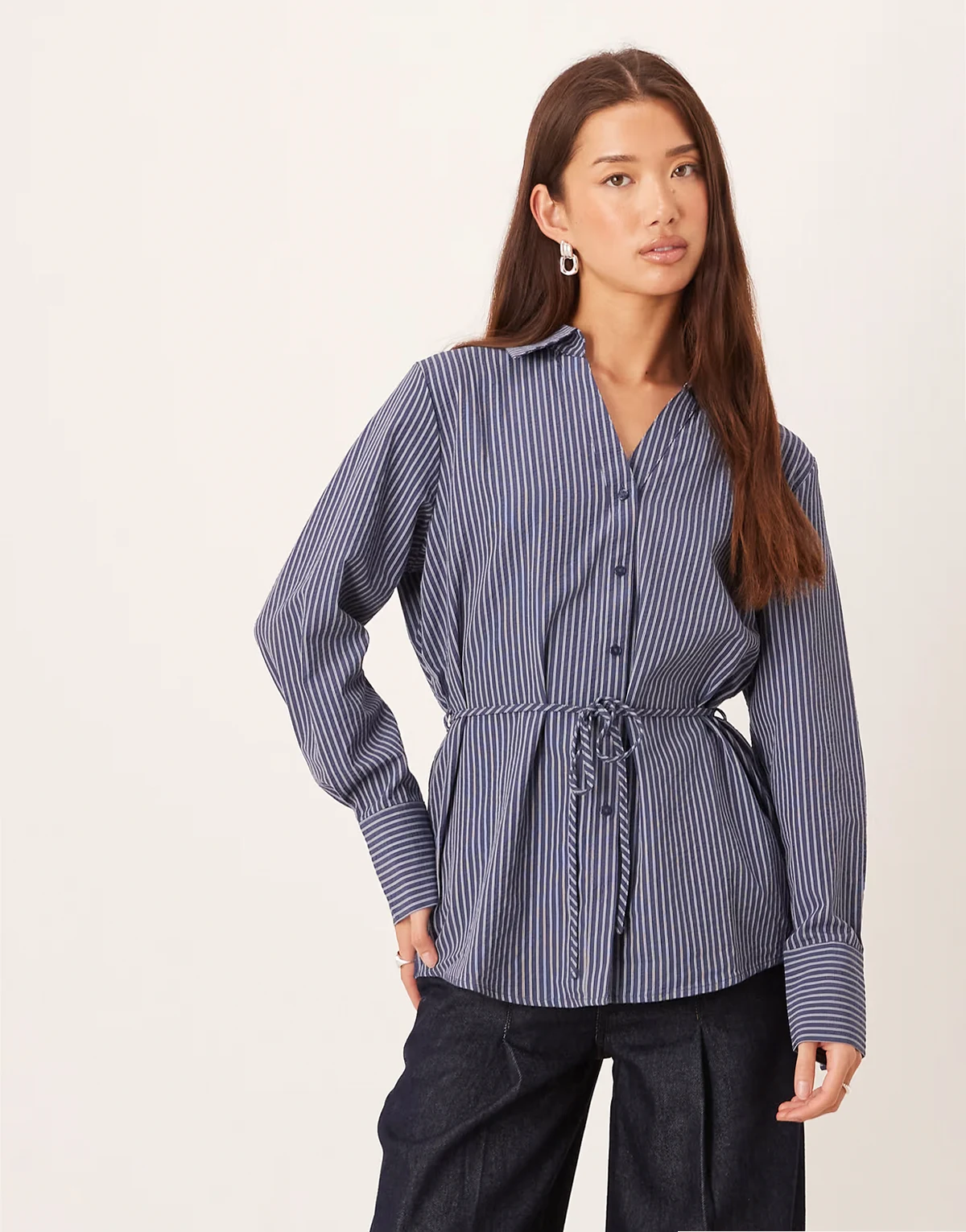 tie waist shirt in blue stripes