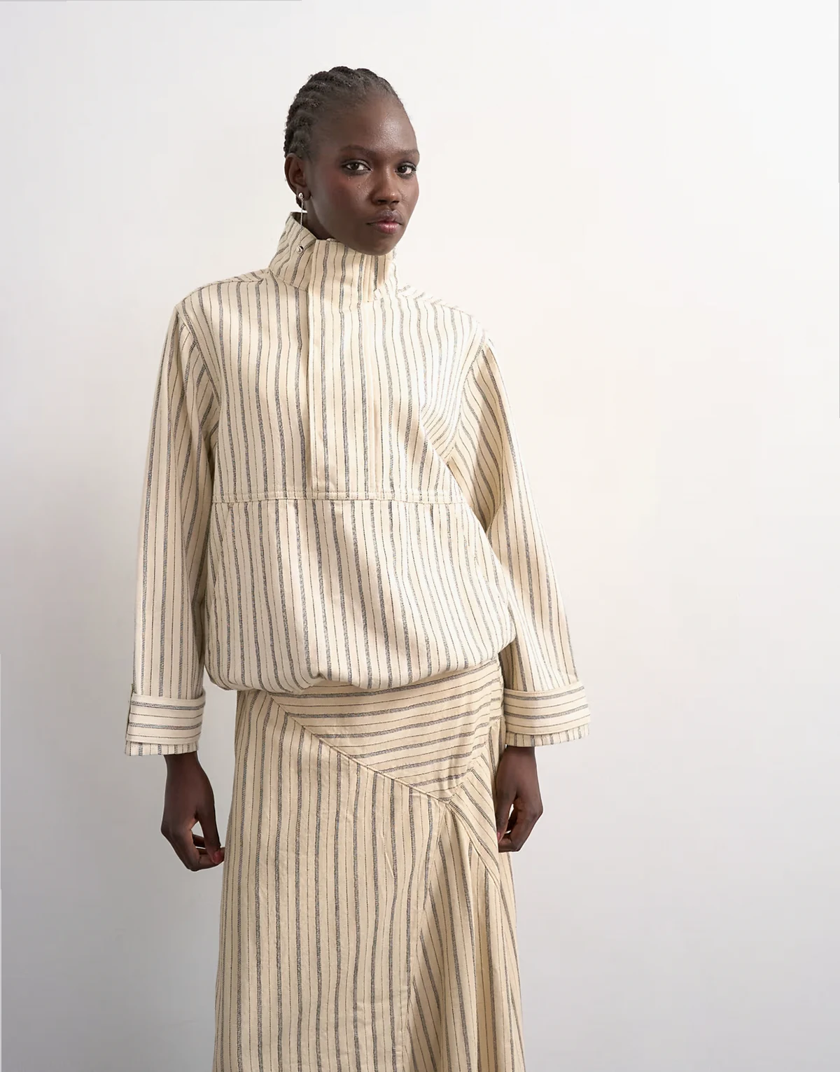 denim bubble hem top with funnel neck in ecru stripe