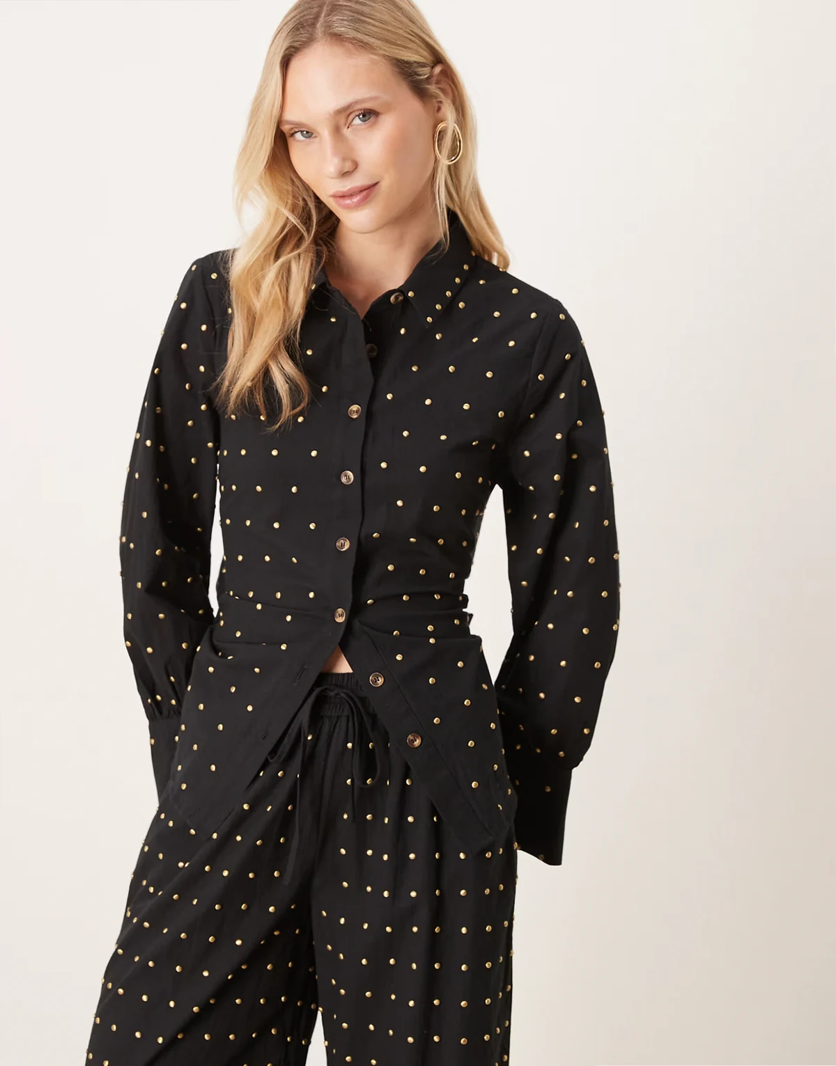 Petite studded bow back shirt in black