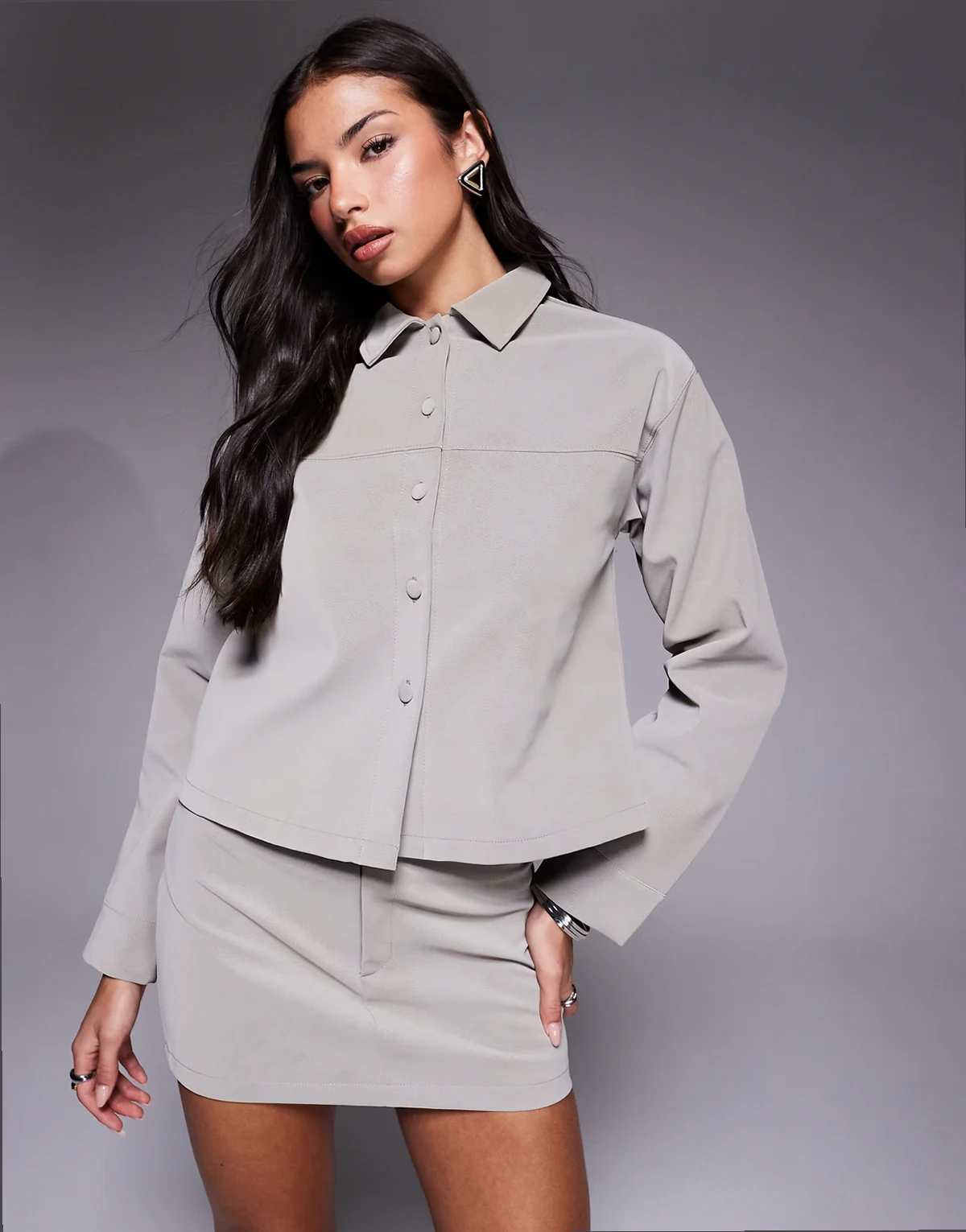 textured leather look oversized shirt in stone - part of a set
