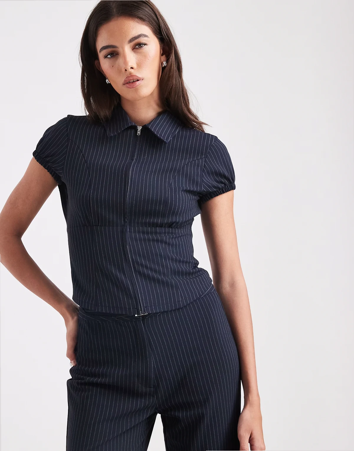 tailored pinstripe zip front shirt in navy