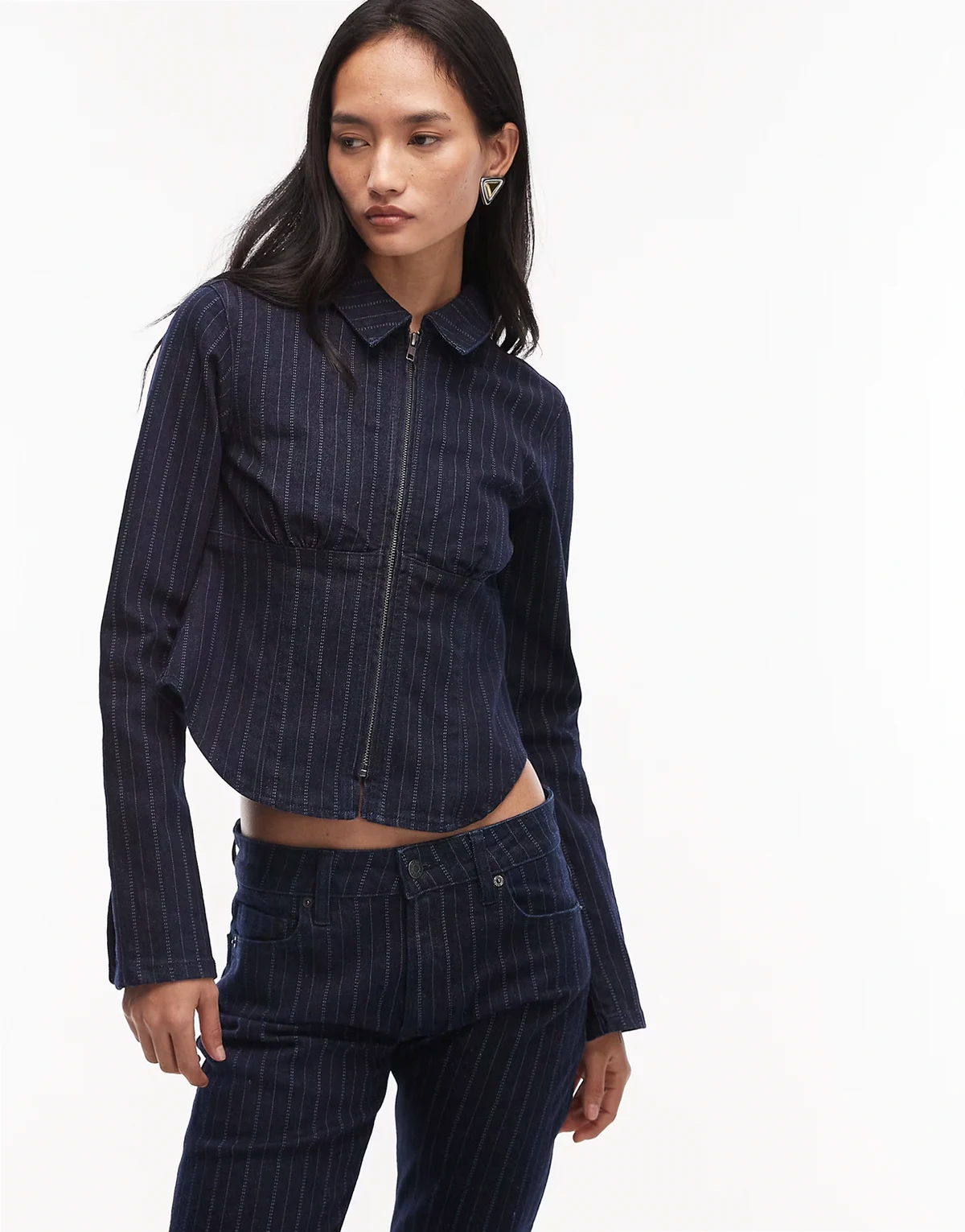 denim collar shirt with double ended zip in pinstripe - part of a set