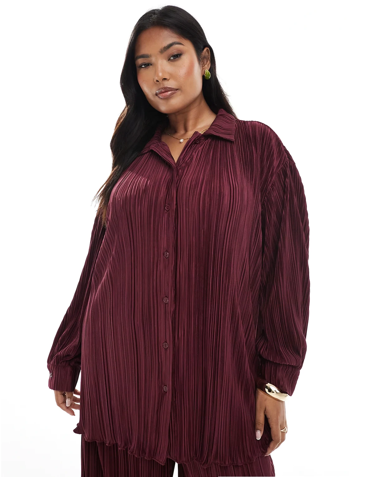 plisse collared button front shirt in burgundy - part of a set