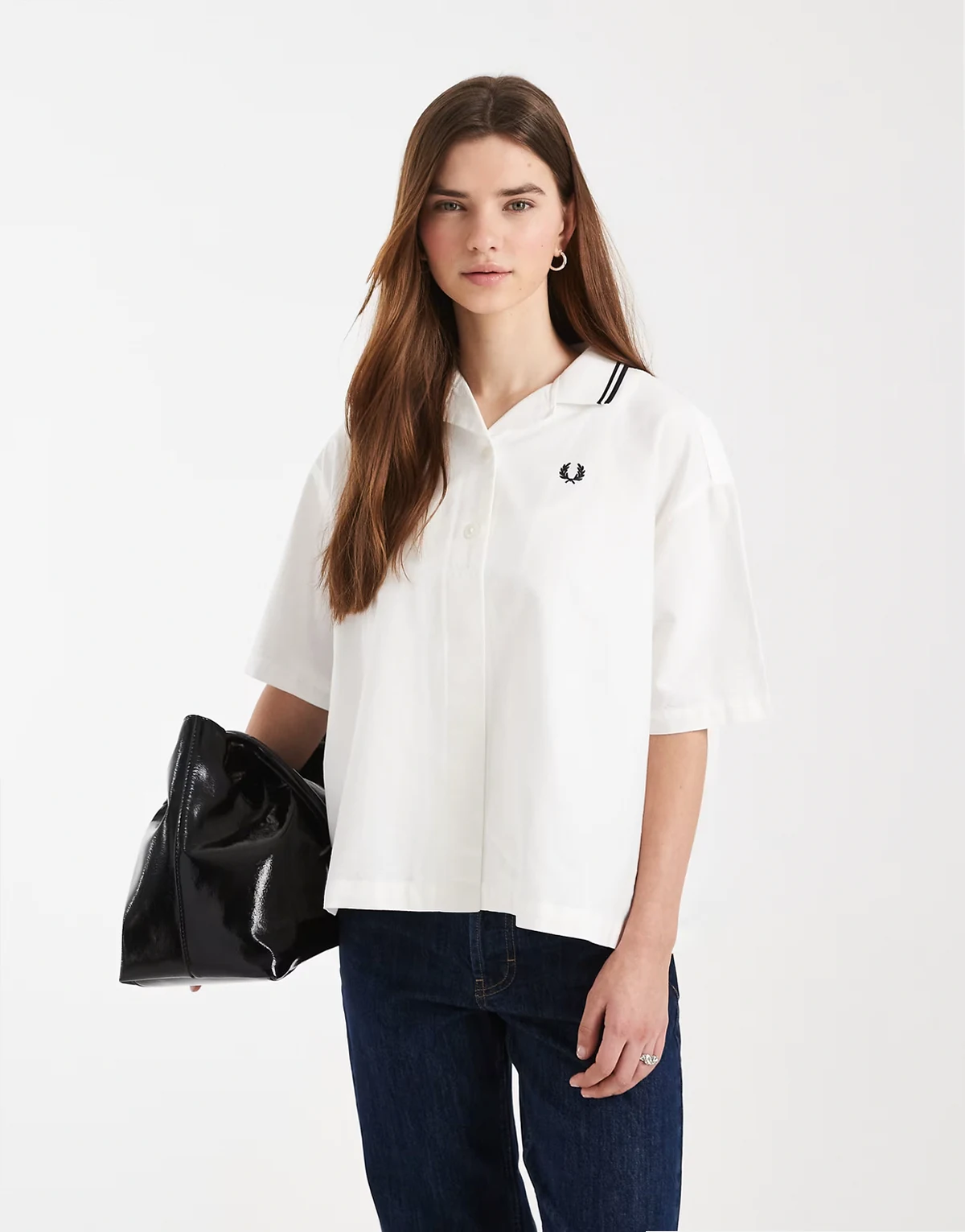 tipped placket detail logo shirt in white