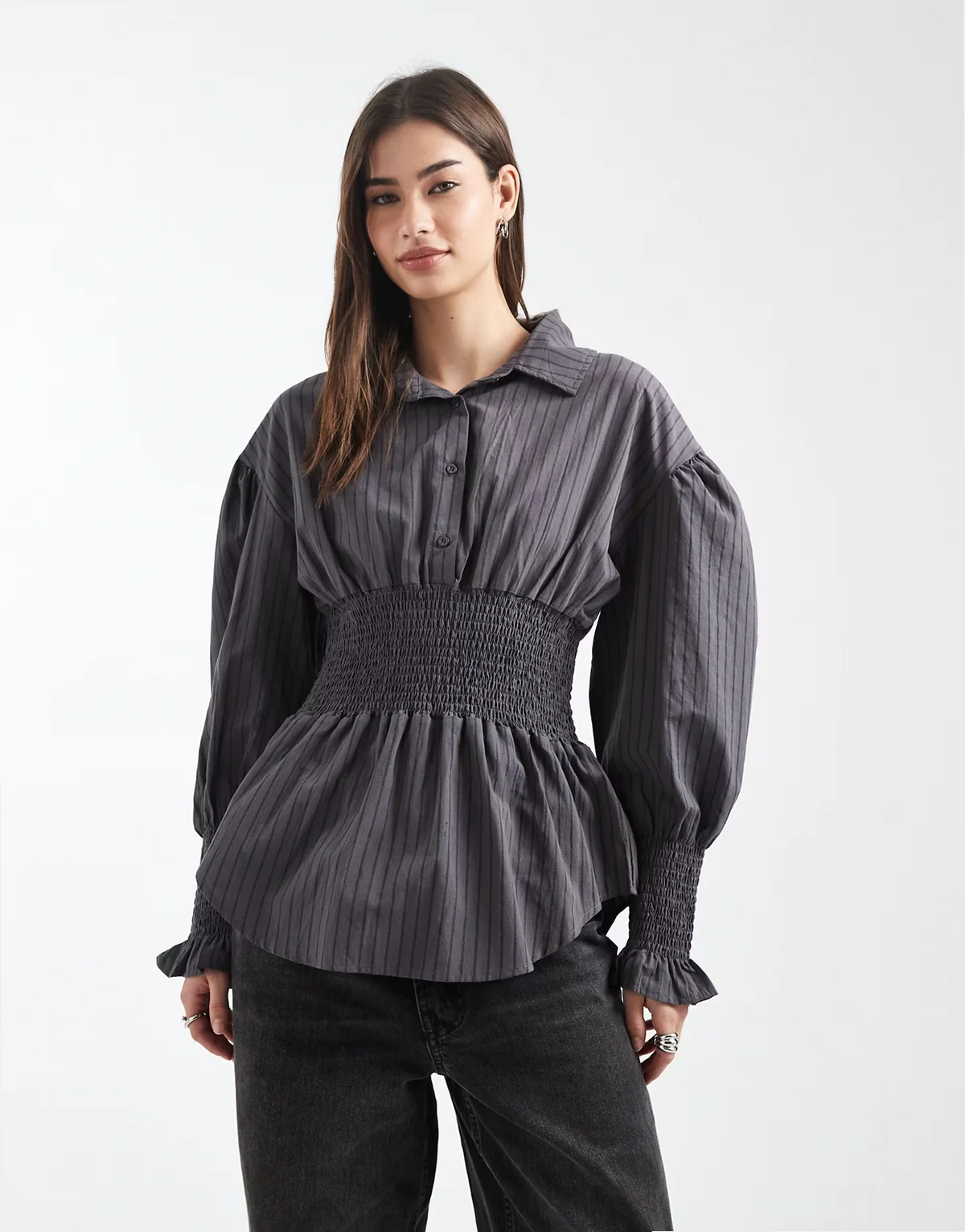 shirred waist shirt in gray and black stripes