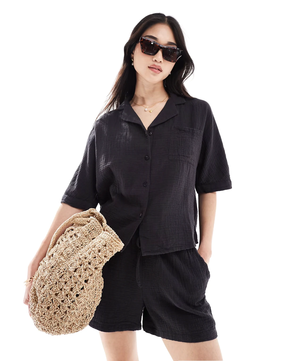 cheesecloth button down shirt in washed black - part of a set