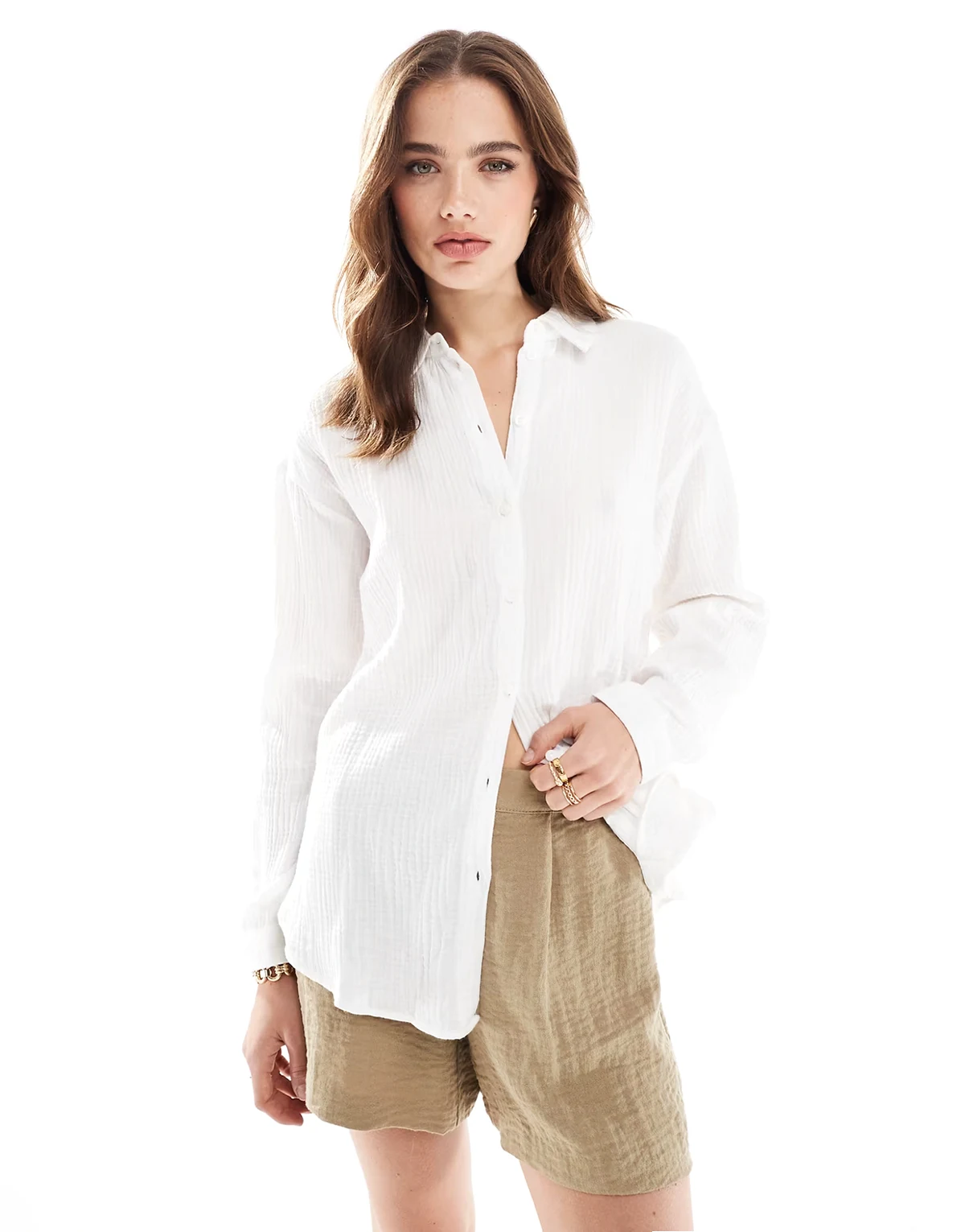 – Loose-Fit-Hemd aus grob gewebter Baumwolle in Weiß, Kombiteil