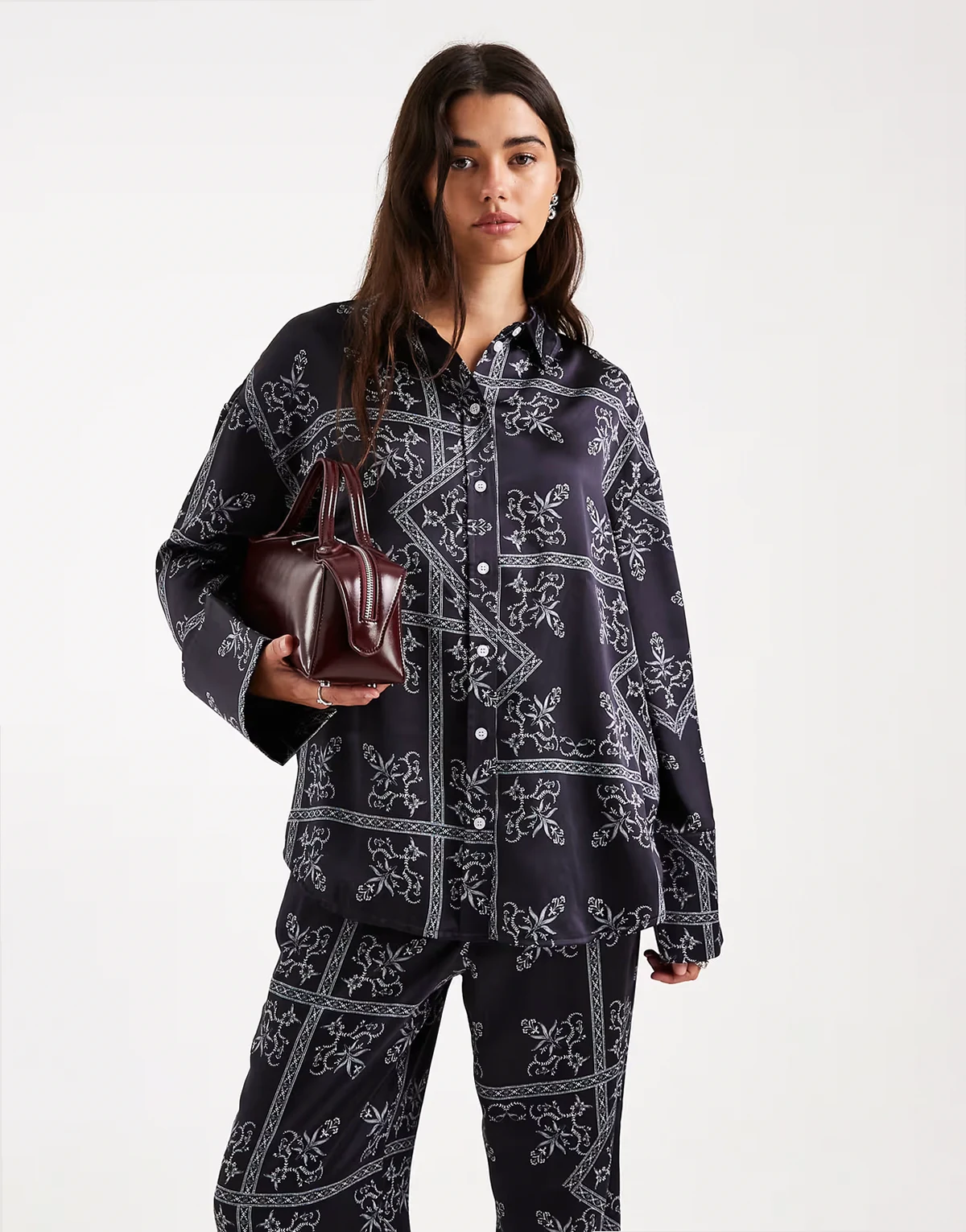 satin deep cuffed shirt in navy paisley print - part of a set
