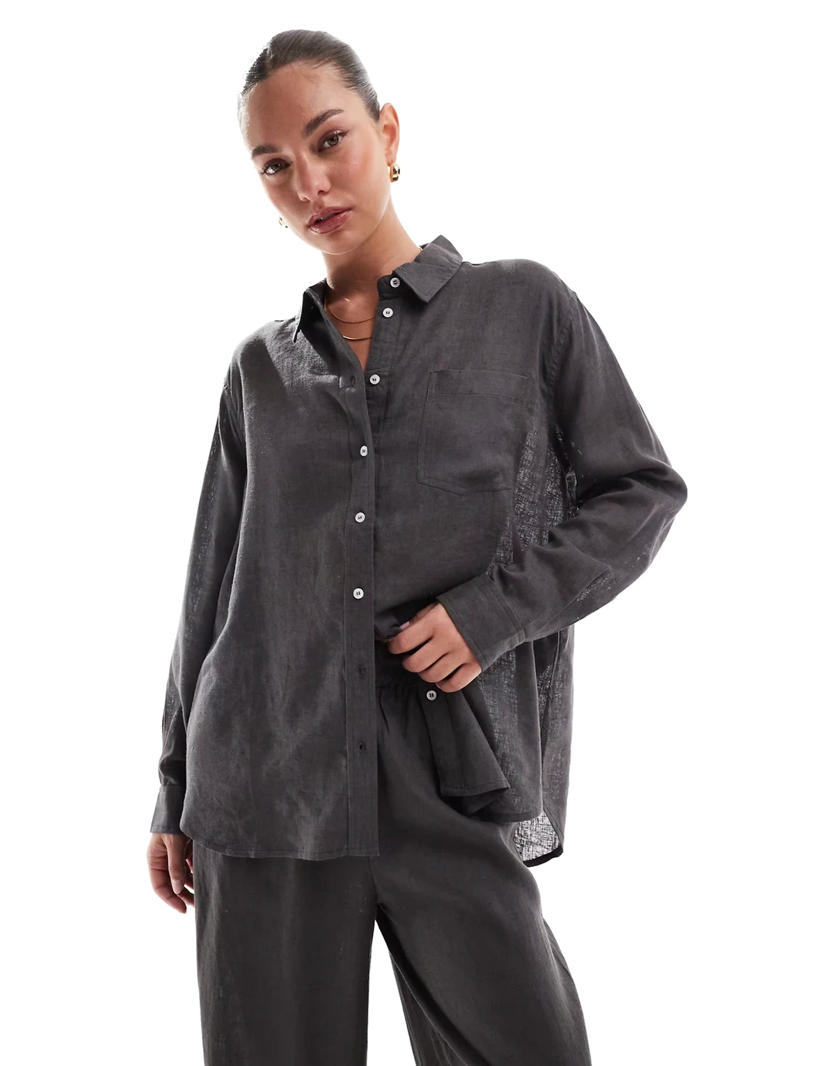 linen blend oversized shirt in gray - part of a set