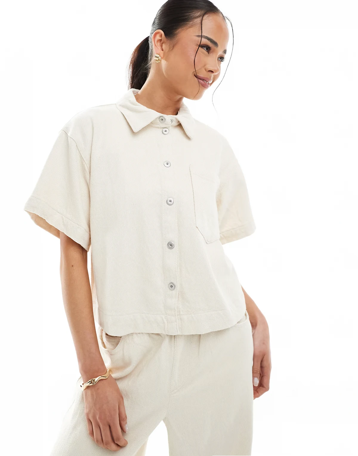 textured twill short sleeve boxy shirt in raw cotton cream - part of a set