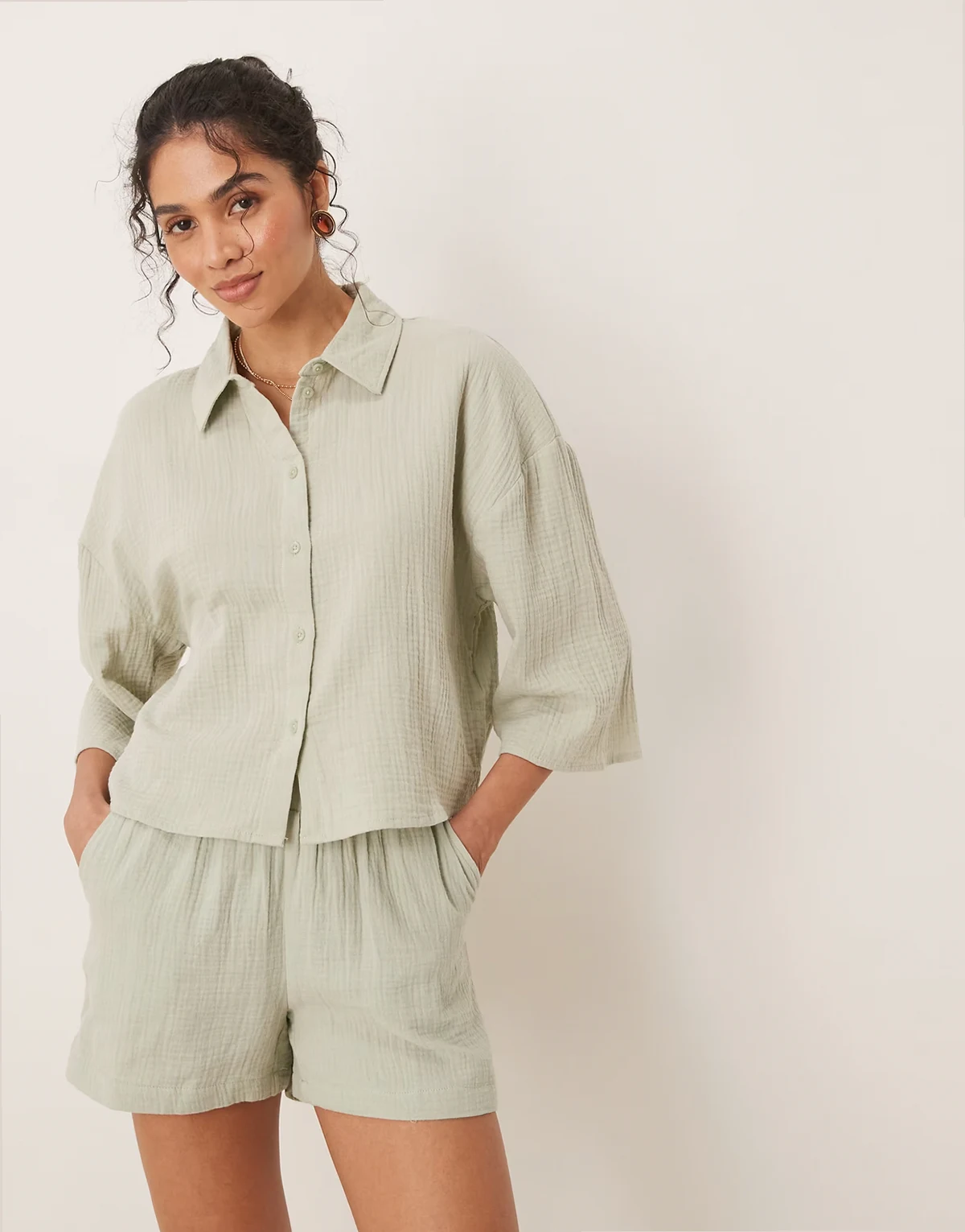 cropped cheesecloth shirt in sage - part of a set