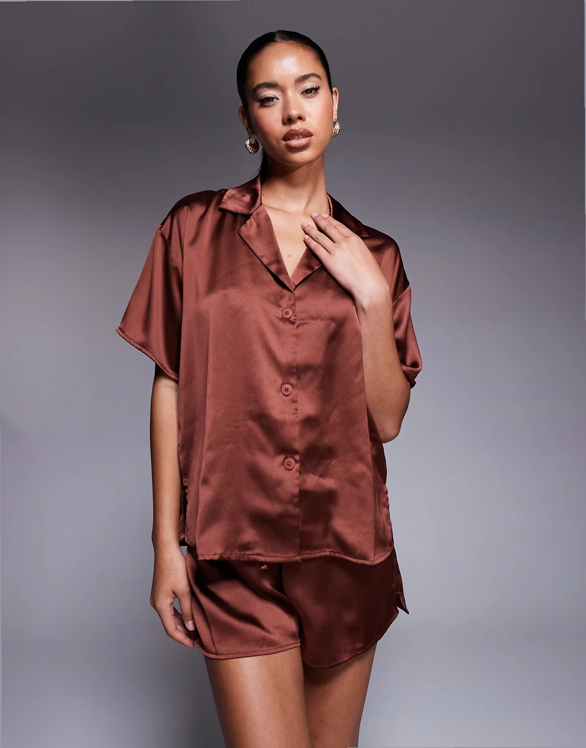 satin short sleeve shirt in brown - part of a set