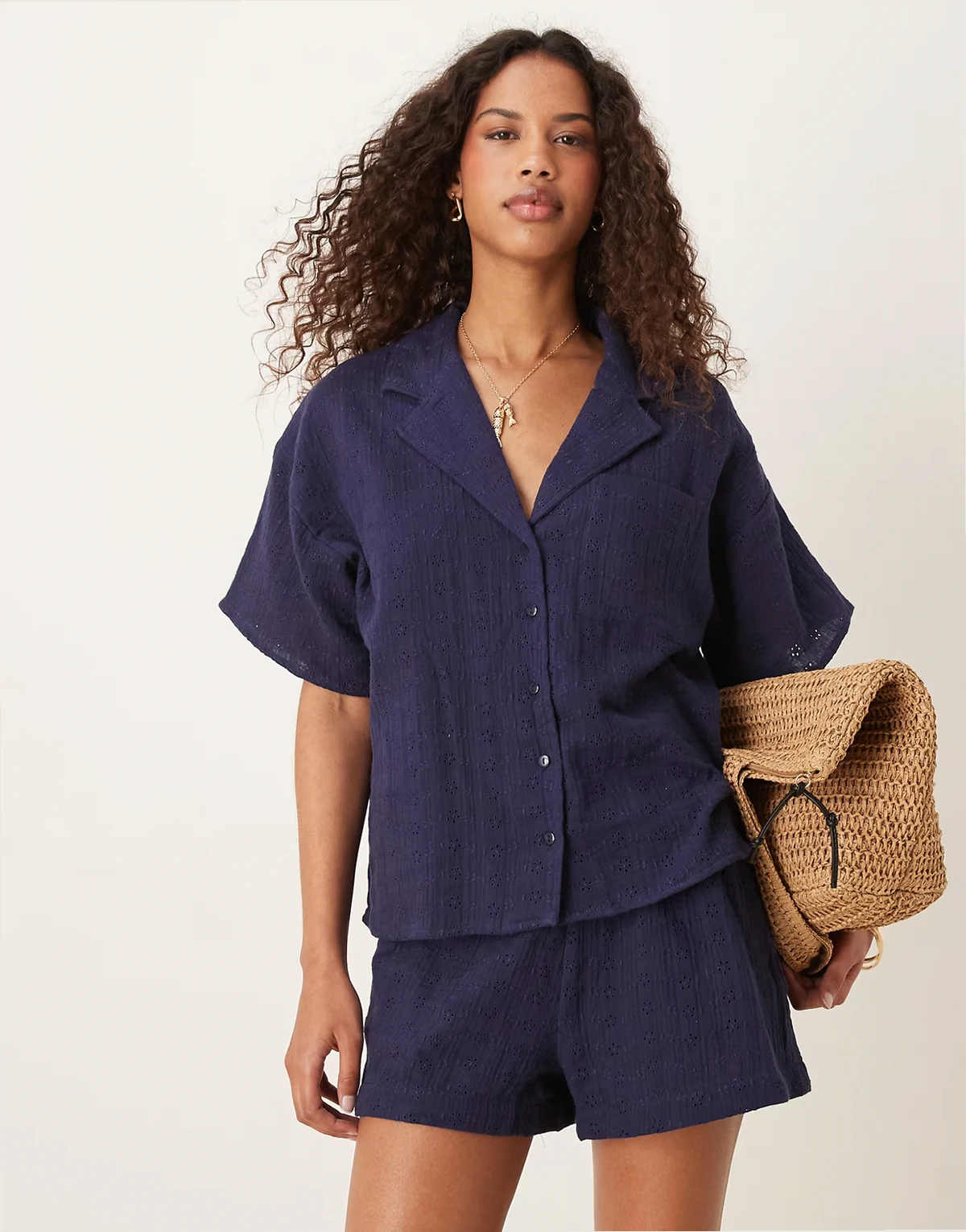 eyelet camp collar shirt in navy - part of a set