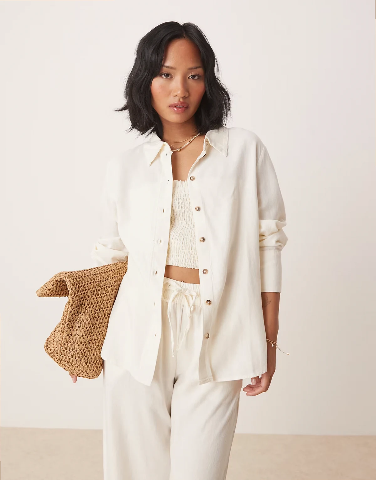 relaxed linen mix shirt in white - part of a set