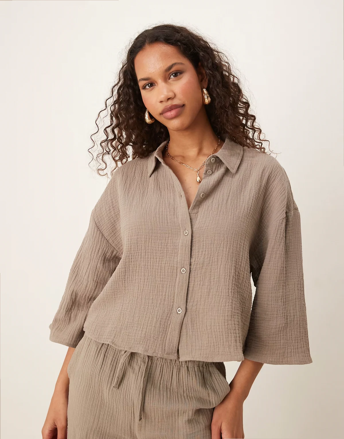 cropped cheesecloth shirt in light brown - part of a set