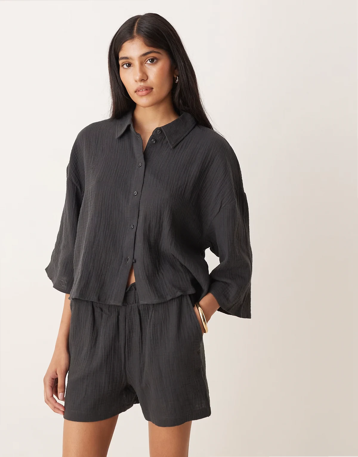 cropped cheesecloth shirt in charcoal gray - part of a set