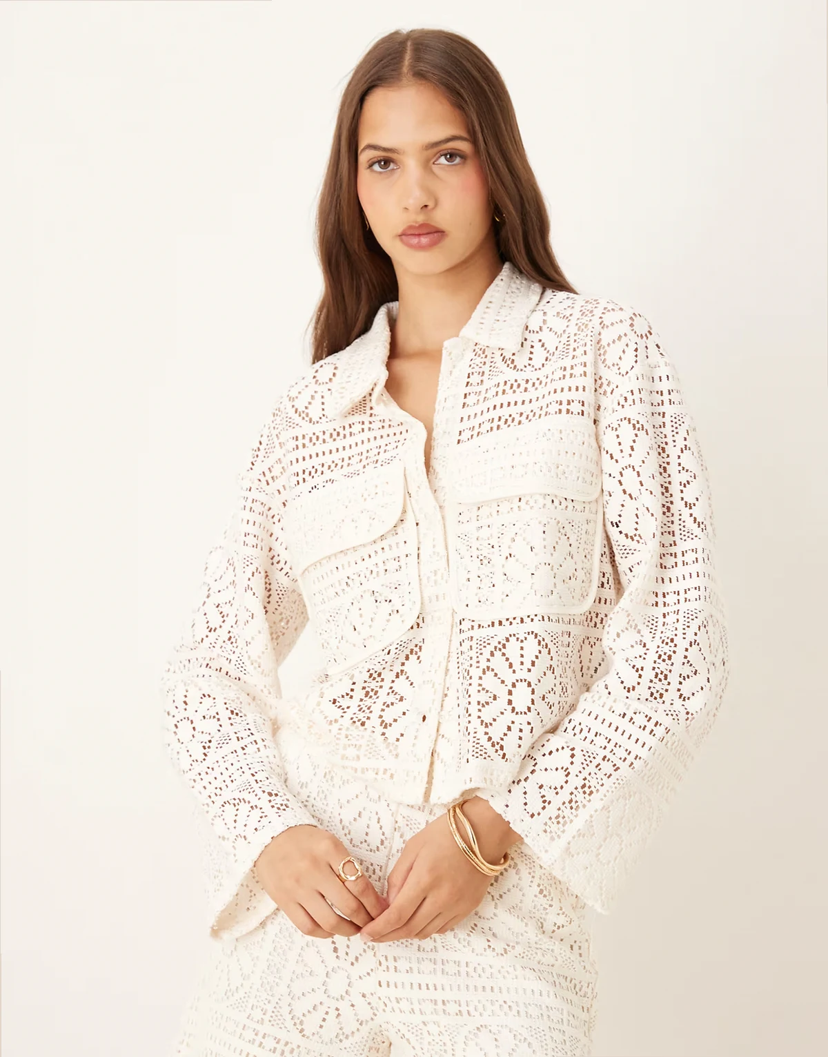 floral crochet utility style cropped shirt in birch cream - part of a set