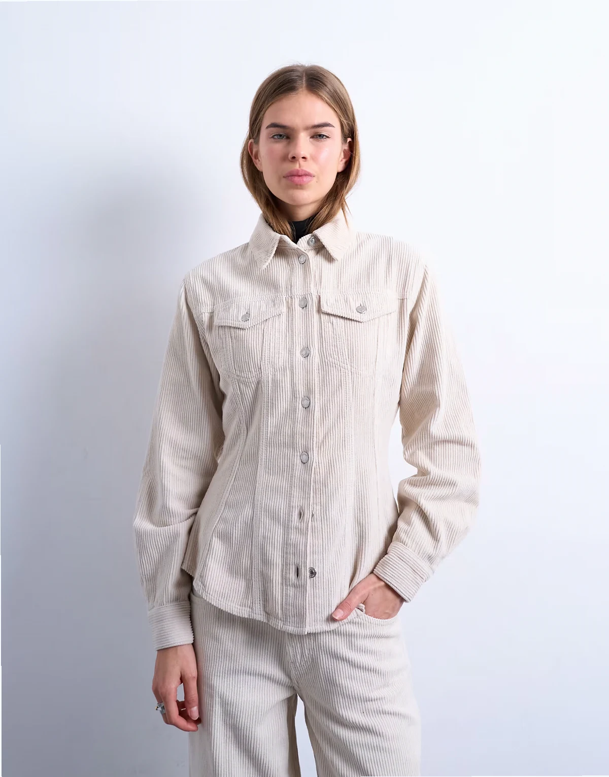 cinch detail shirt in pearl corduroy