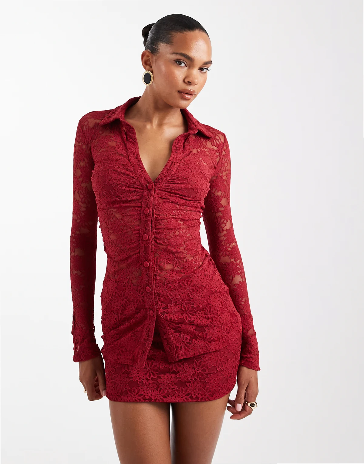 Wander Doll Lacie plunge neck long sleeve lace shirt in wine - part of a set
