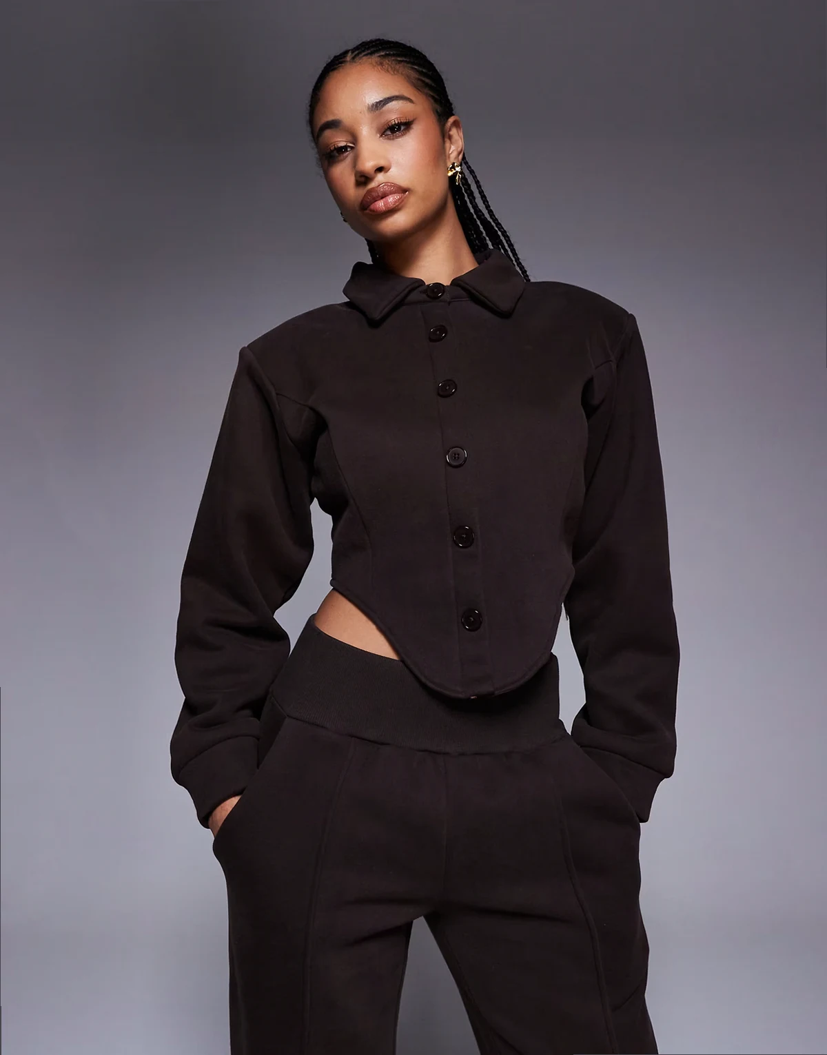 Hattie cotton blend tailored collared corset detail shirt in chocolate - part of a set