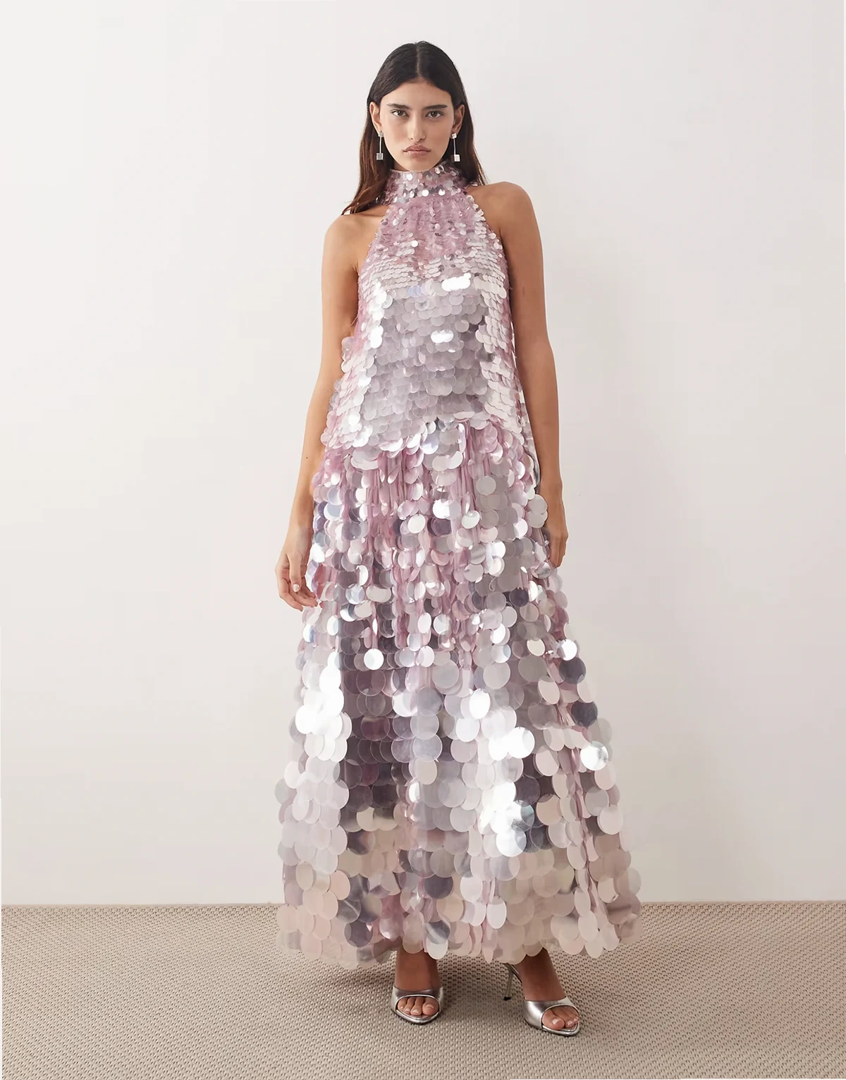 disc sequin halter trapeze maxi dress in lilac