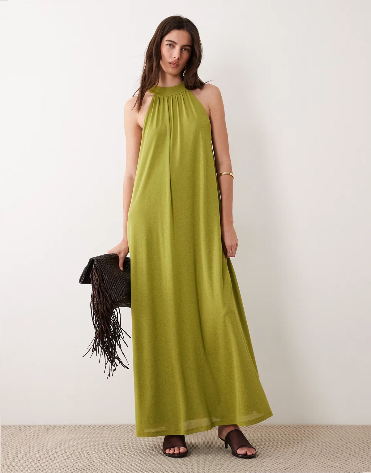 – Oliwkowa trapezowa sukienka z siateczki z wiązaniem