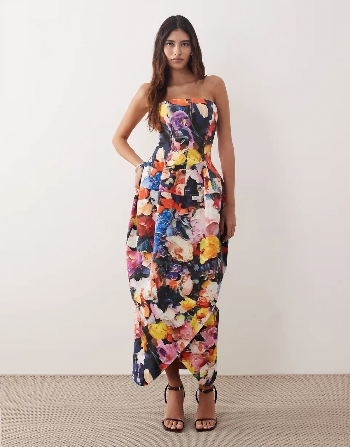 structured volume bandeau midi dress in bloom floral print
