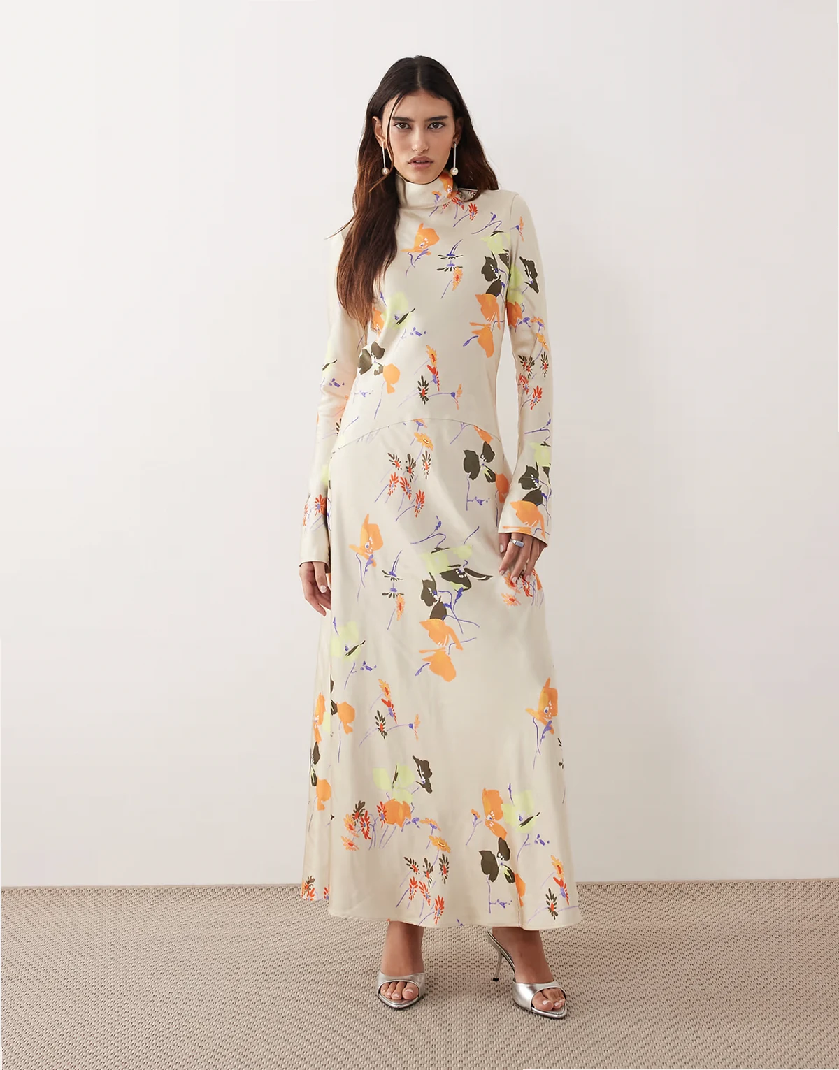 high neck satin paneled maxi dress in floral print