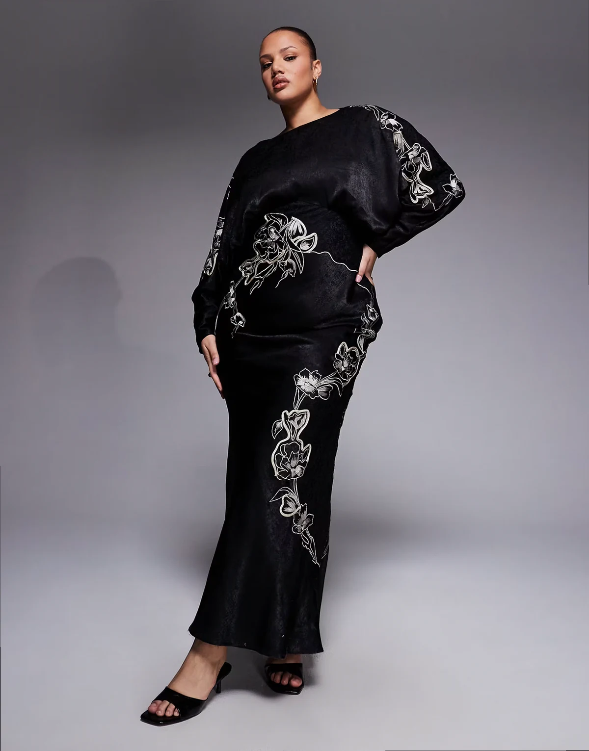 ASOS DESIGN Curve satin blouson embroidered batwing sleeves maxi dress in black