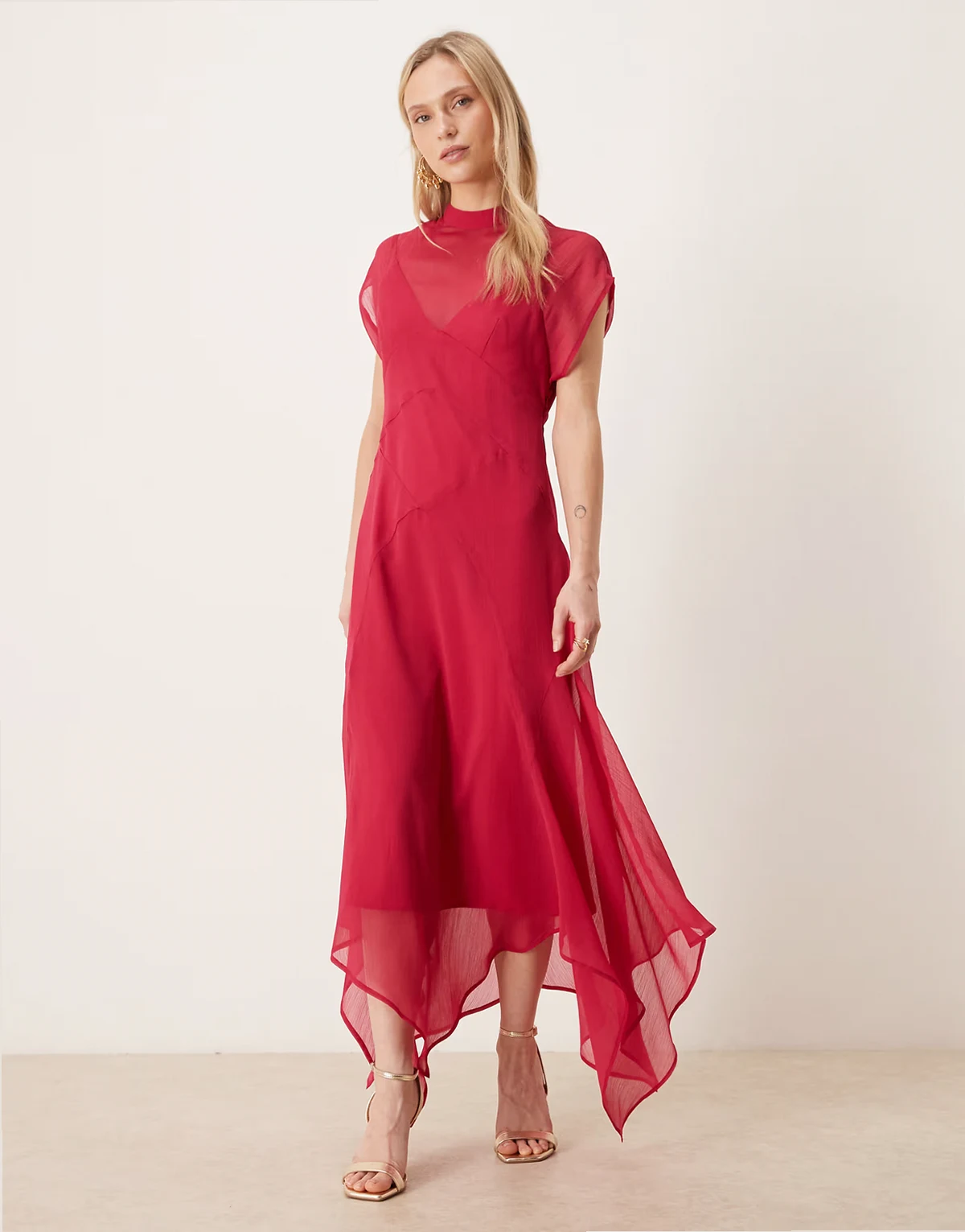 ASOS DESIGN Petite high neck hanky hem chiffon maxi dress in raspberry