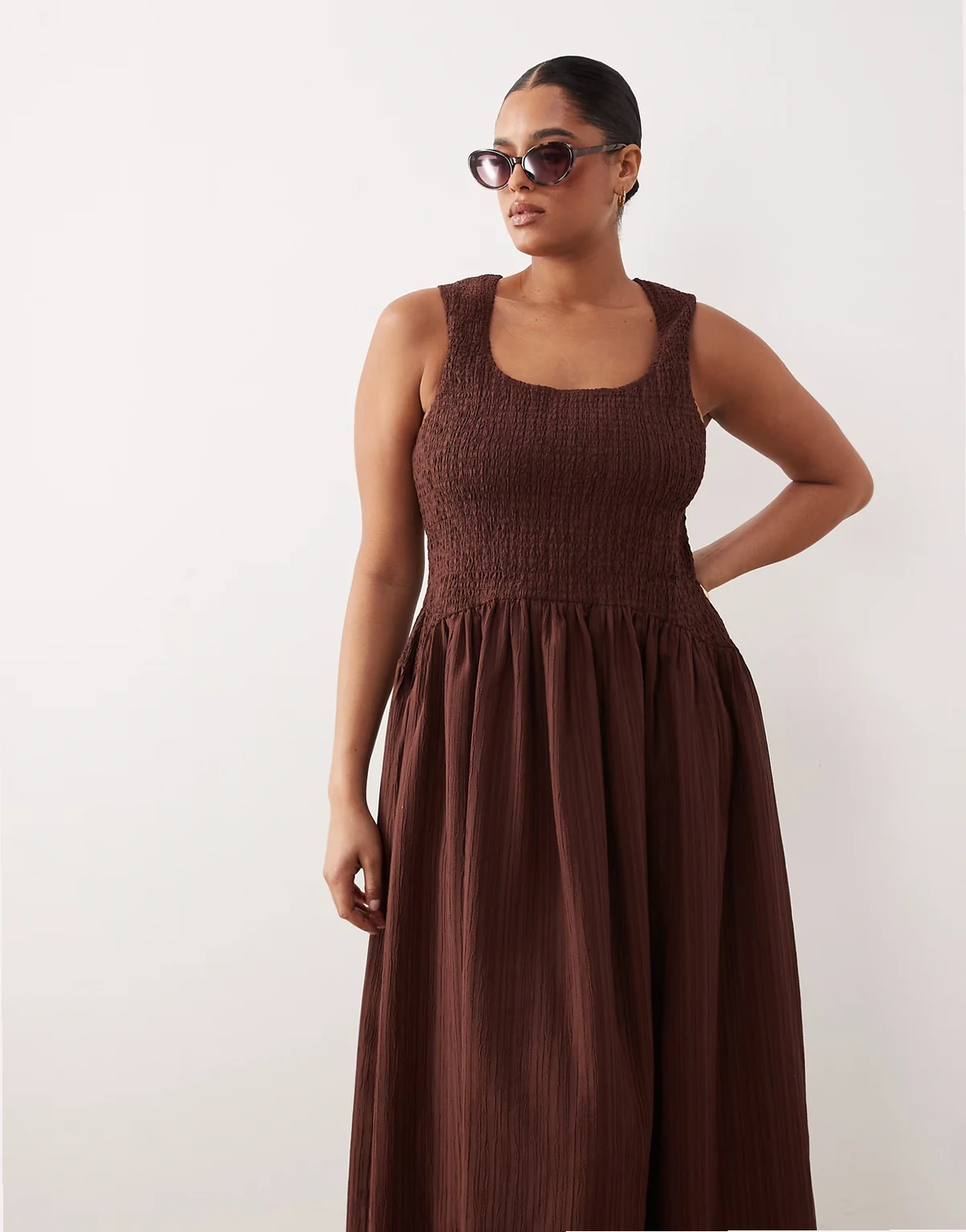 ASOS DESIGN Curve crinkle square neck maxi sundress with shirred waist in chocolate