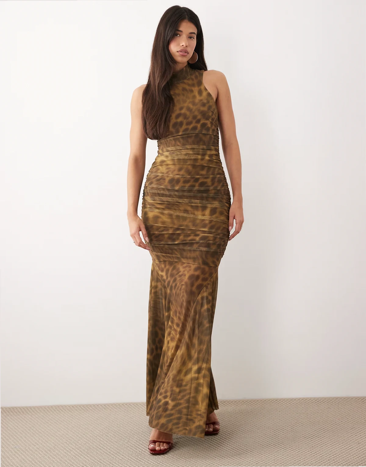 sculpting mesh high neck sleeveless drape fishtail hem maxi dress in blurred leopard print