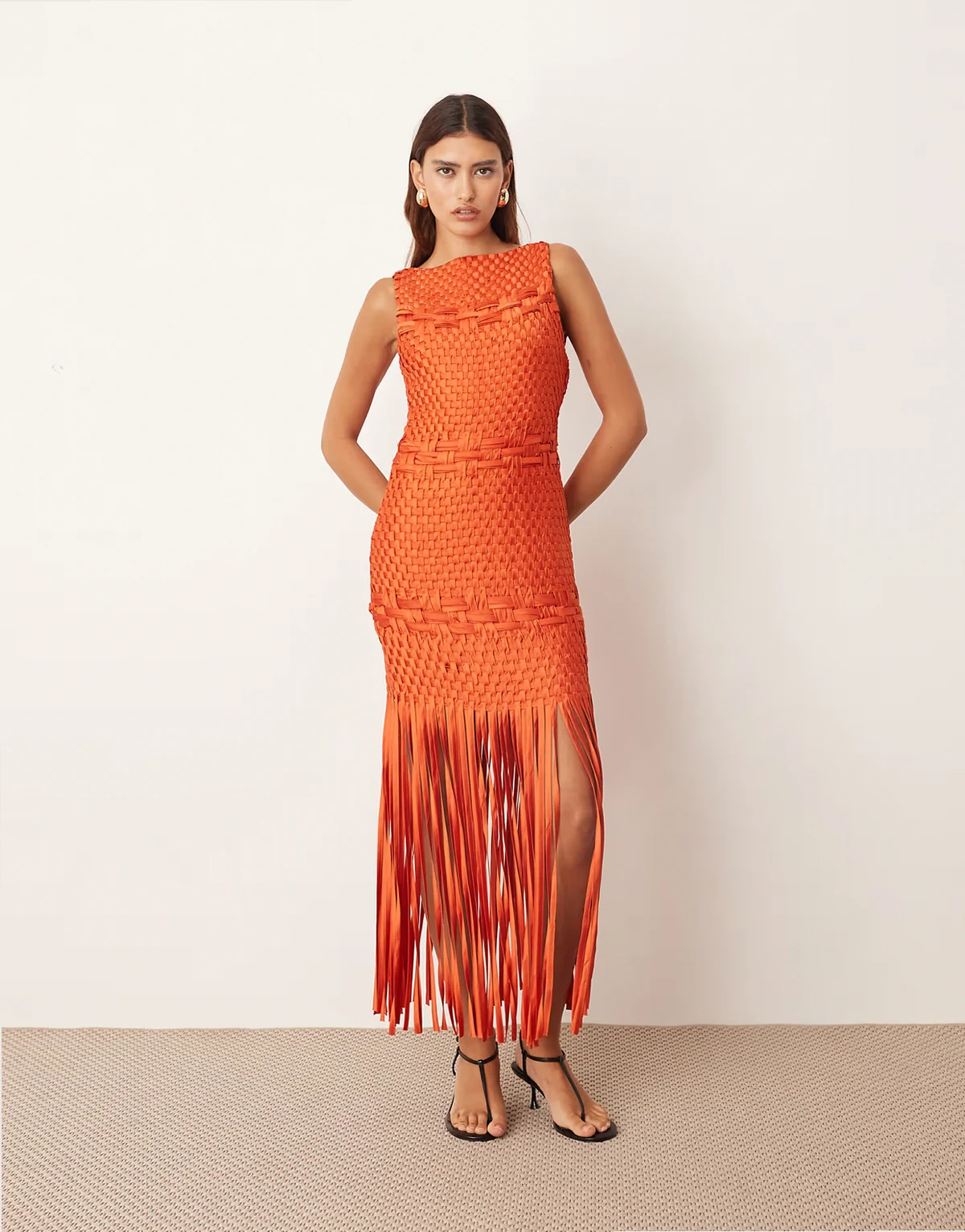 lattice handwoven fringe hem midi dress in orange