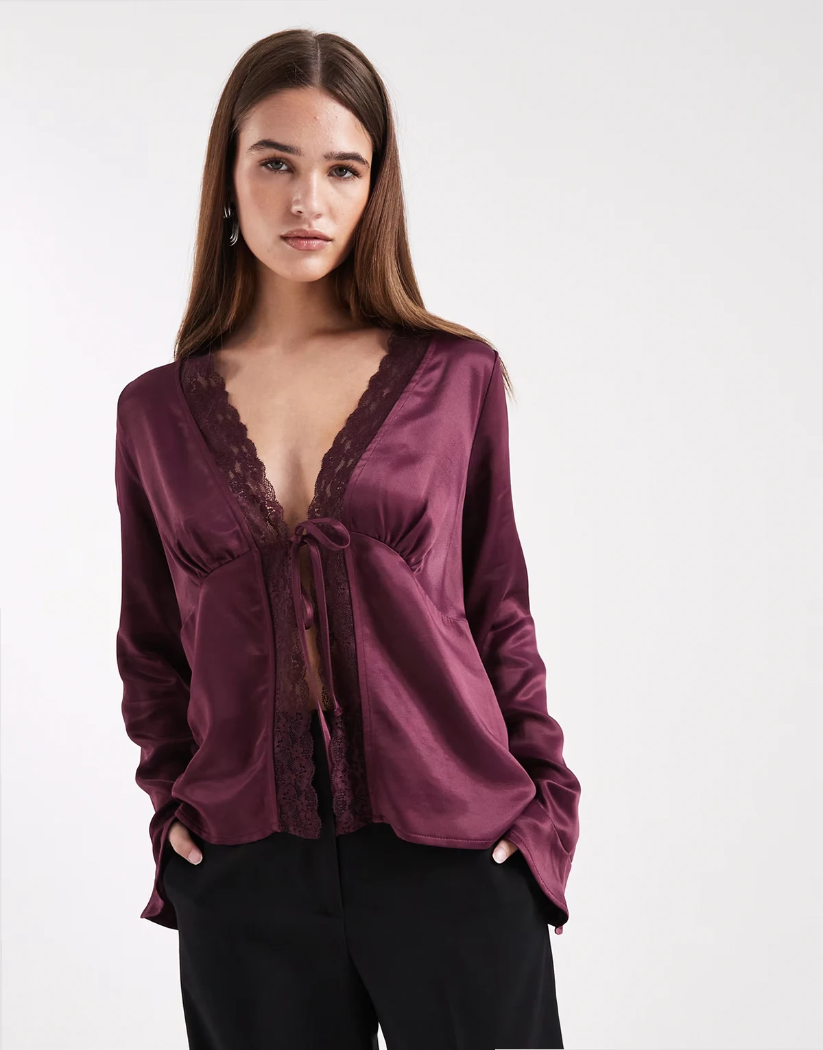 satin tie front blouse in fig
