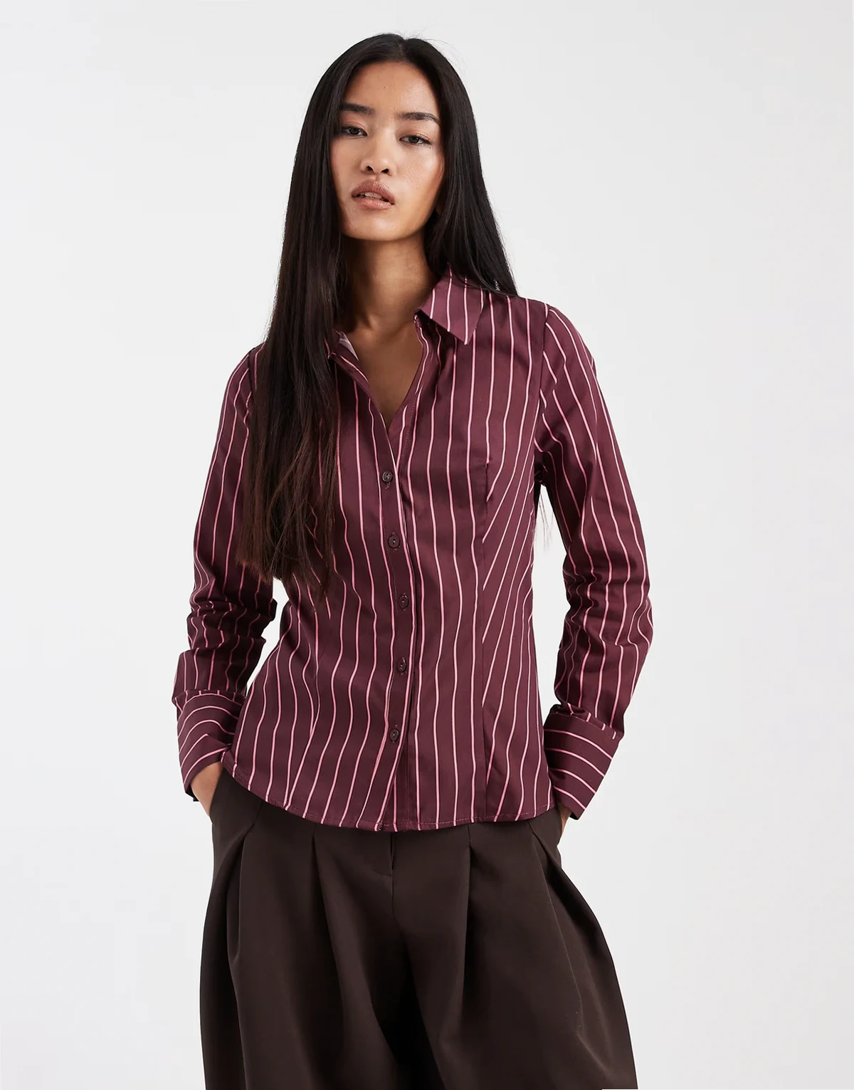 poplin fitted shirt in fig pinstripe