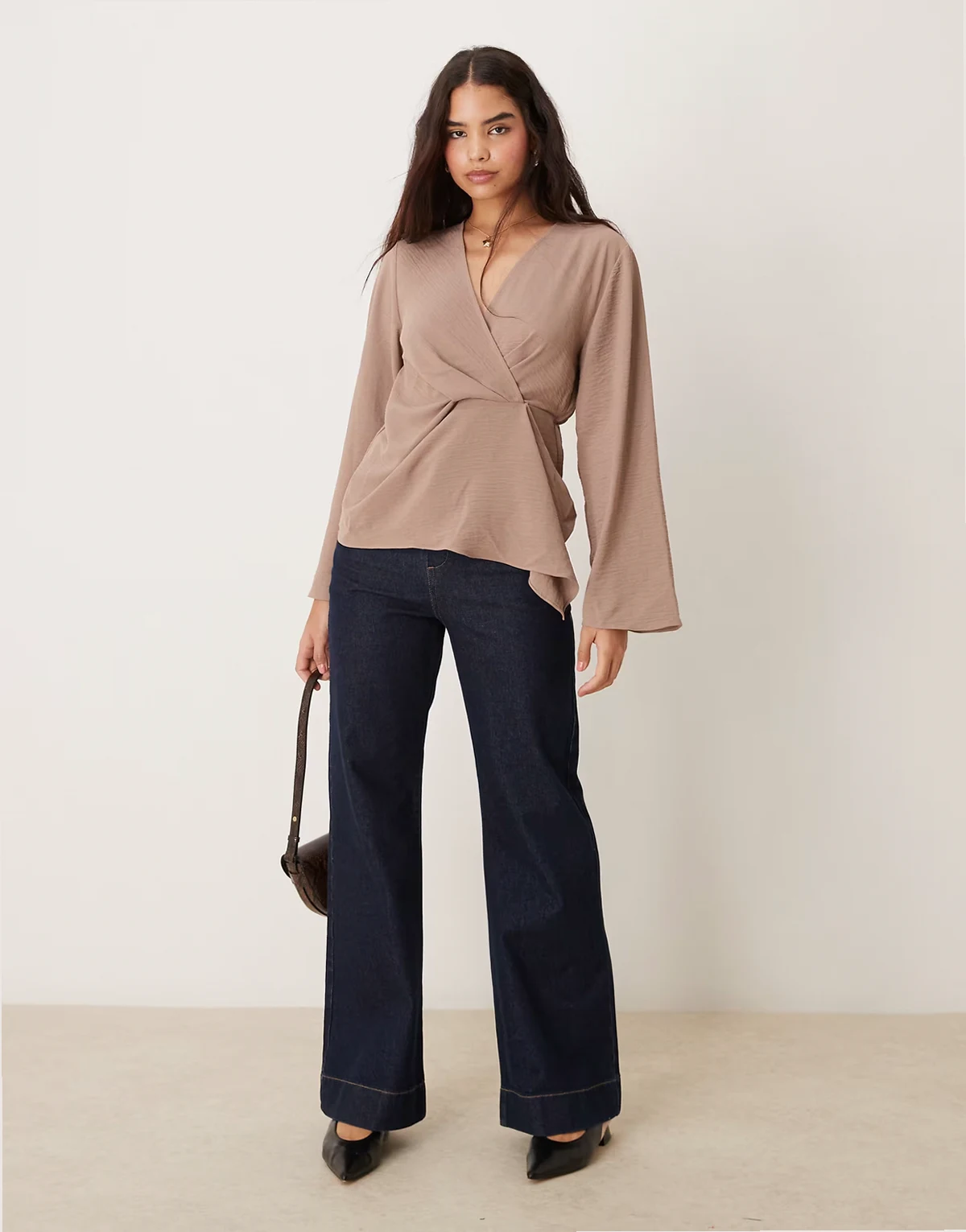 long sleeve wrap detail top in taupe