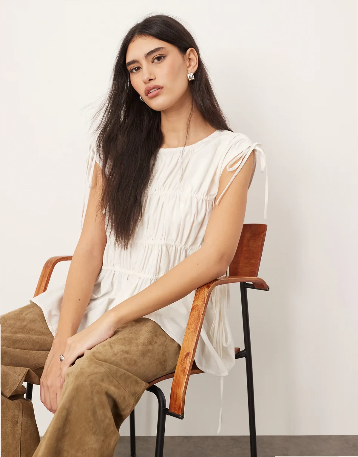 clean cotton ruched top with drawstring detail in white