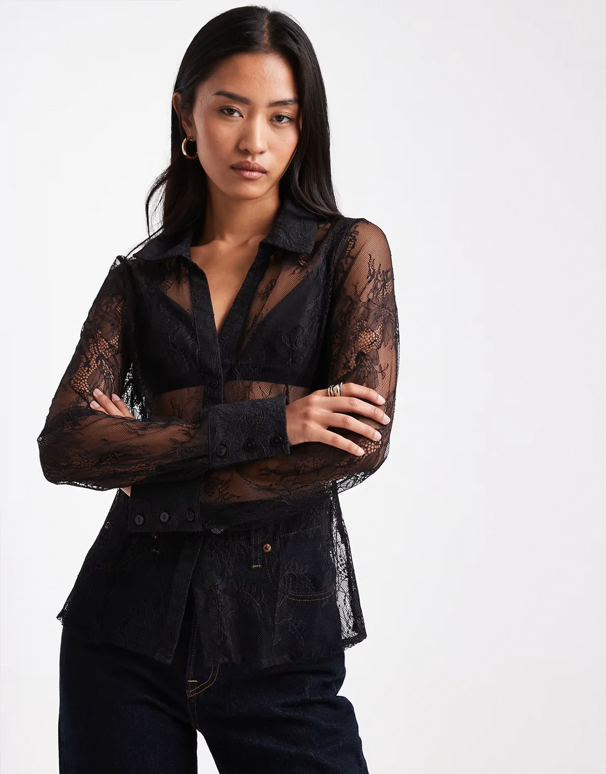 lace fitted shirt in black