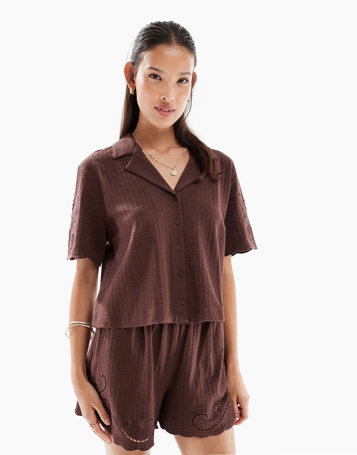 broderie detail crop top in chocolate with contrast stitching - part of a set